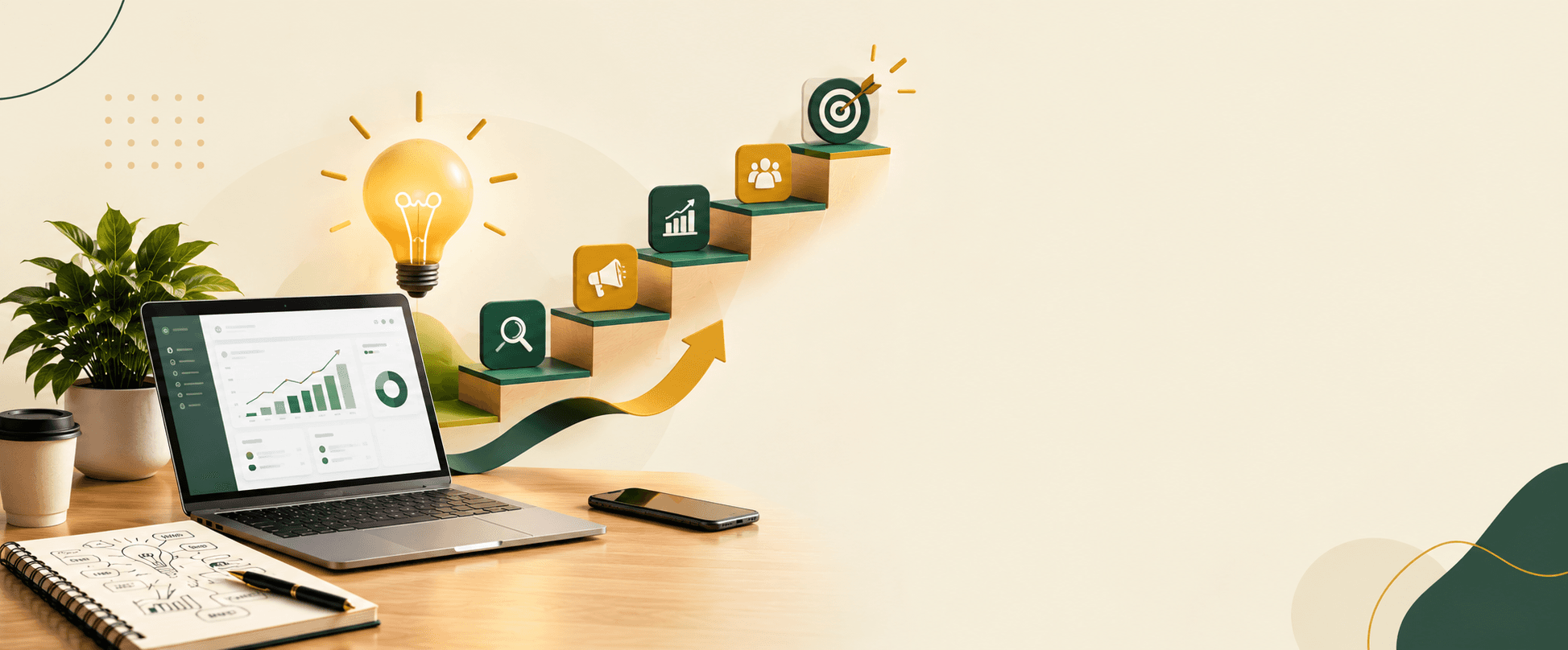 Desk with a laptop showing growth charts, a lightbulb and a staircase of marketing icons rising to a target